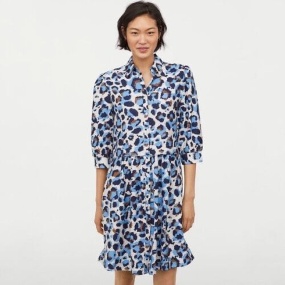 H&M Leopard Print Shirt Dress Size 12 Blue Brown 3/4 Sleeves Button Front